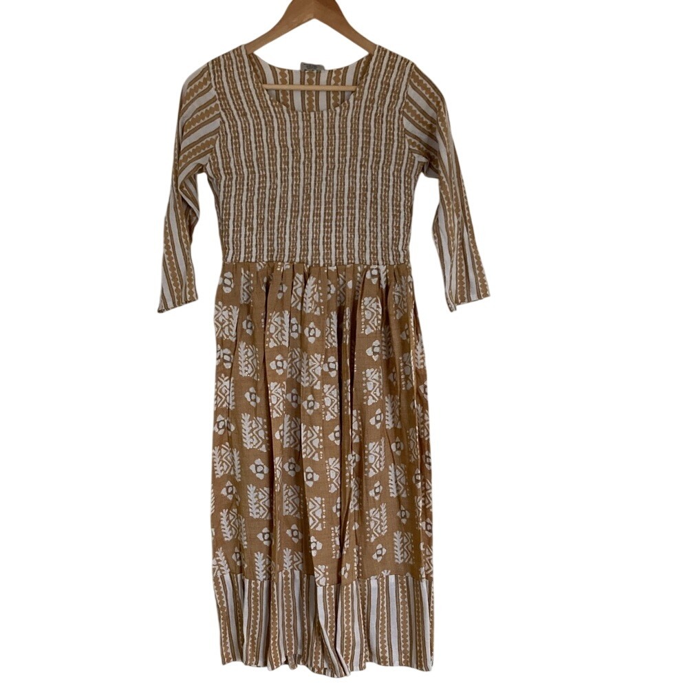 Womens Brown White Smocked Bodice‎ Boho Midi Dress Size Small 3/4 Sleeve Western